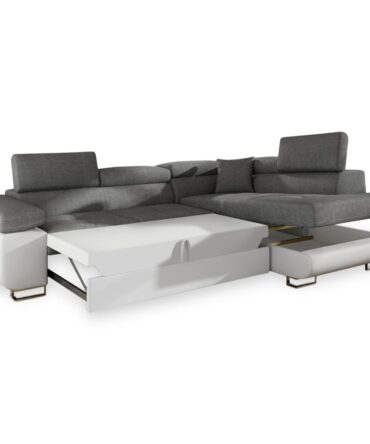 Canapé d'angle convertible Antoni avec têtières relevables angle à droite simili Blanc et tissus Gris clair