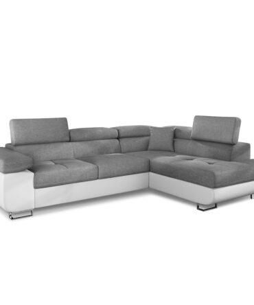 Canapé d'angle convertible Antoni avec têtières relevables angle à droite simili Blanc et tissus Gris clair