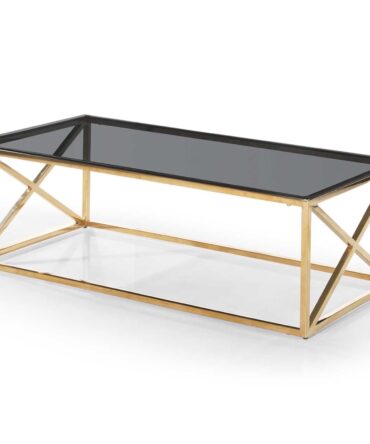 Table basse en Verre Fumé et pieds Or