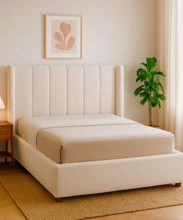 Lit double Magorial avec sommier relevable 140x190cm Tissu bouclette Crème