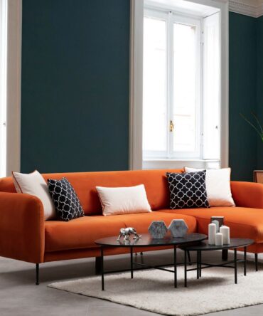 Canapé d'angle à droite convertible avec 3 coussins Vesna Velours Orange