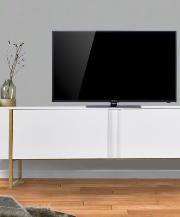 Meuble TV moderne avec 2 portes L180cm Blanc et Métal Or