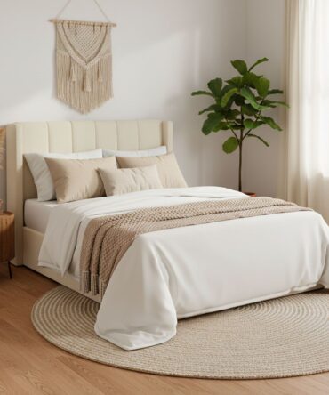 Lit double Magorial avec sommier relevable 140x190cm Tissu bouclette Crème