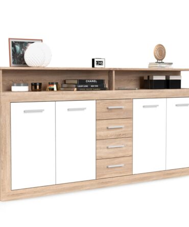 Buffet contemporain L190cm 4 portes er 4 tiroirs Bois sonoma et Blanc