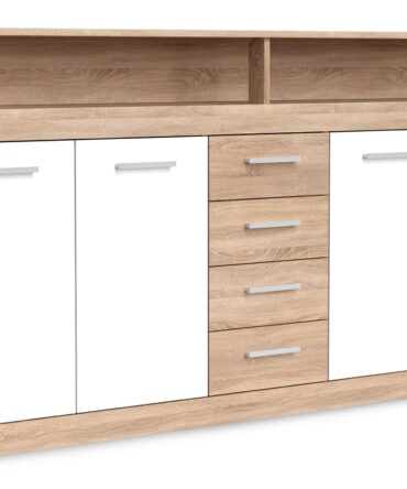 Buffet contemporain L190cm 4 portes er 4 tiroirs Bois sonoma et Blanc
