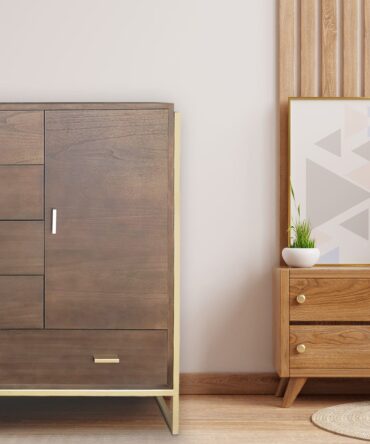 Buffet haut 5 tiroirs et 1 porte L90cm Bois Marron et Métal Or
