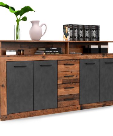 Buffet style industriel L190cm 4 portes er 4 tiroirs Lunata Bois foncé et Gris