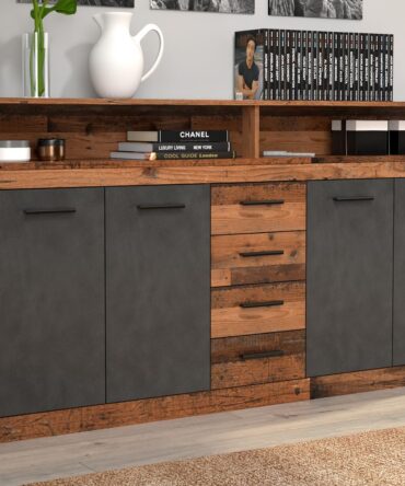 Buffet style industriel L190cm 4 portes er 4 tiroirs Lunata Bois foncé et Gris