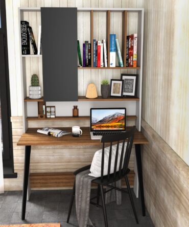 Bureau avec étagère L120cm Bois foncé, Blanc et Anthracite