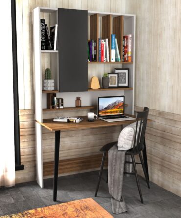 Bureau avec étagère L120cm Bois foncé, Blanc et Anthracite
