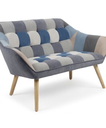 Canapé 2 places Scandinave effet patchwork Velours Gris et bleu