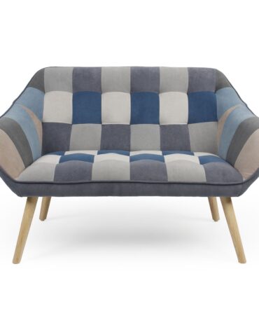 Canapé 2 places Scandinave effet patchwork Velours Gris et bleu