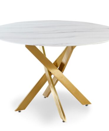 Table ronde Corix Verre effet Marbre Blanc et pieds Or