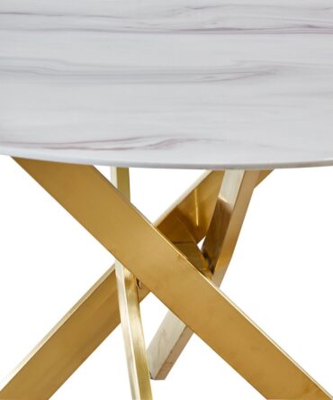 Table ronde Corix Verre effet Marbre Blanc et pieds Or