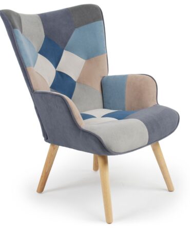 Fauteuil scandinave effet patchwork Velours Gris et bleu