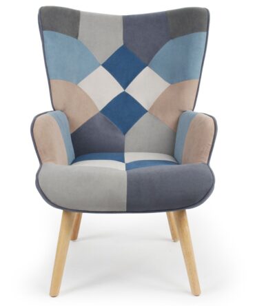 Fauteuil scandinave effet patchwork Velours Gris et bleu
