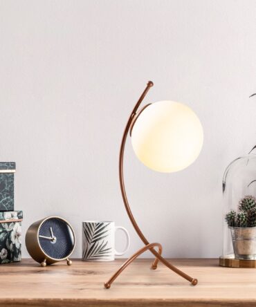 Lampe de table trépied arcs Bulla 43cm Verre Blanc et Métal Or rose