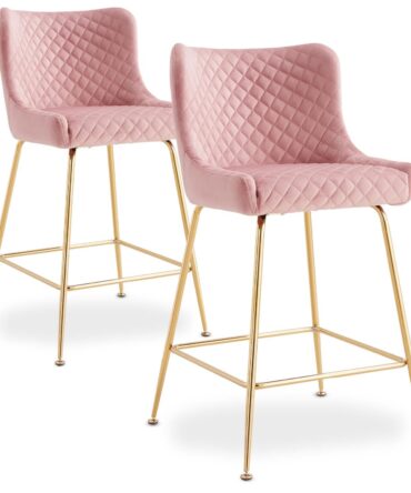 Lot de 2 chaises de bar Velours Rose pieds Or