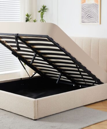 Lit double avec sommier relevable 160x200cm Tissu Bouclette Crème