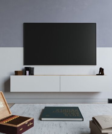 Meuble TV 2 portes battantes 180cm Bois Naturel et Blanc