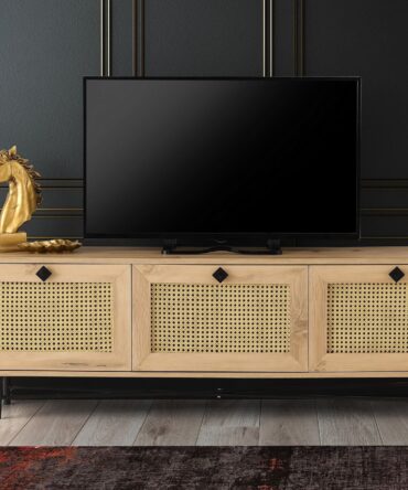 Meuble TV 3 portes en cannage 180cm Bois clair