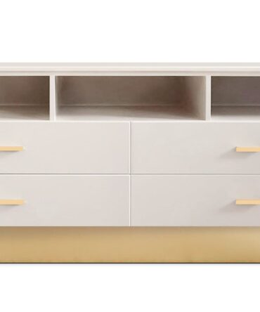 Meuble TV moderne 4 tiroirs Nestor Taupe clair et Or