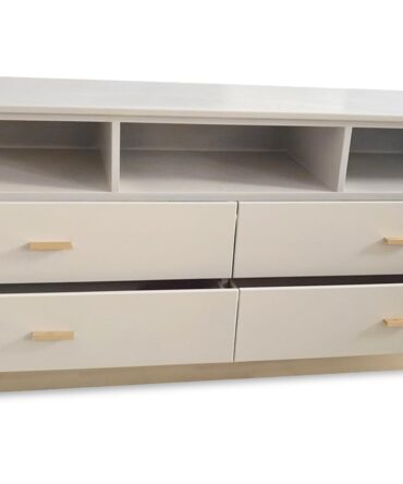 Meuble TV moderne 4 tiroirs Nestor Taupe clair et Or