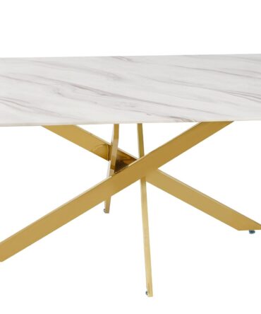 Table à manger en Verre effet Marbre Blanc et pieds Or