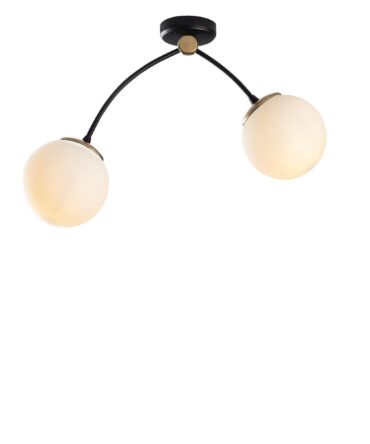 Plafonnier 2 lampes arcs asymétriques Gabilan Verre Blanc et Métal Noir et Or