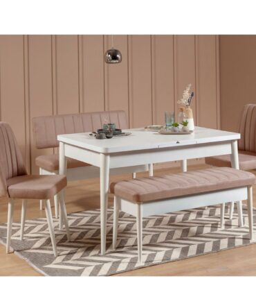 Set table extensible, 2 chaises, banc et banquette Bois Blanc et Tissu Beige