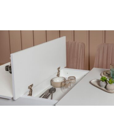 Set table extensible, 2 chaises, banc et banquette Bois Blanc et Tissu Beige
