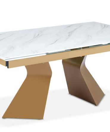 Table à manger extensible en Verre effet Marbre Blanc et pieds Or