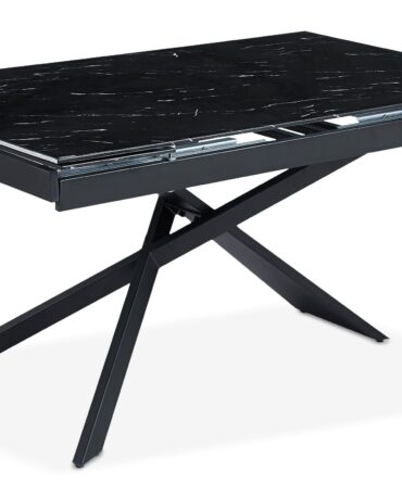 Table à manger extensible en Verre effet marbre noir et pieds Métal Noir