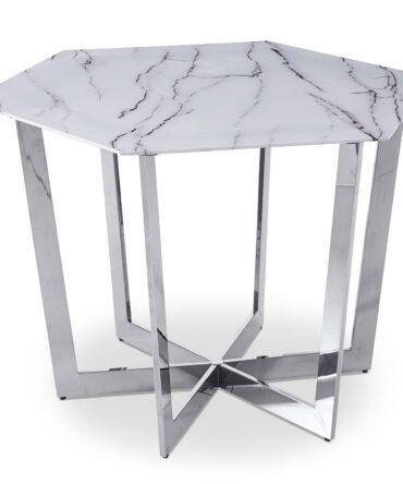 Table hexagonale 120cm Zadig Verre Effet marbre blanc et pied Métal Argent