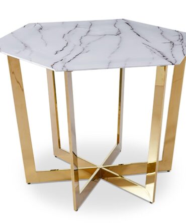 Table hexagonale 120cm Zadig Verre Effet marbre blanc et pied Métal Or