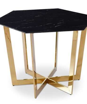 Table hexagonale 120cm Zadig Verre Effet marbre noir et pied Métal Or