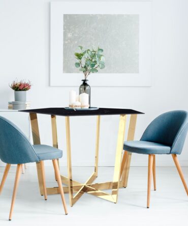 Table hexagonale 120cm Zadig Verre Effet marbre noir et pied Métal Or